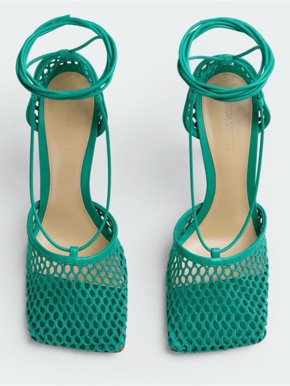 Bottega Veneta Green Mesh Ankle-Tie Heels